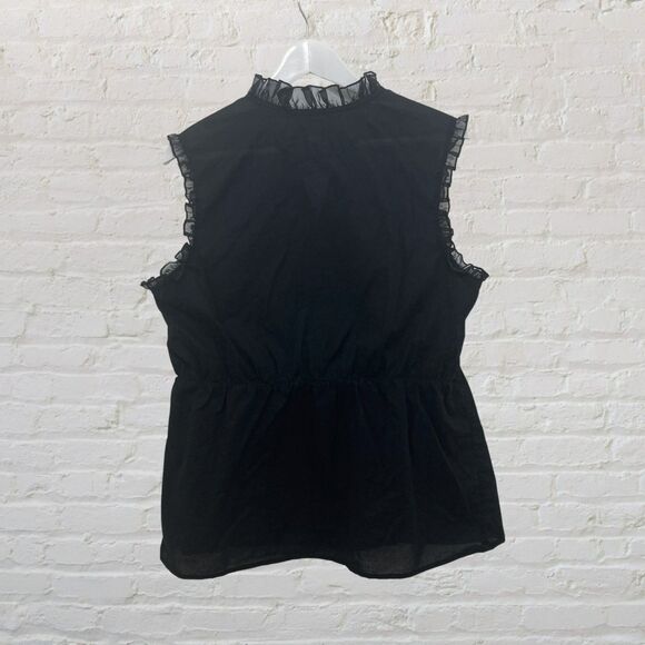 Converse One Star Top Size L Black Button Front Ruffle Sleeveless Cotton Blouse - Picture 3 of 16